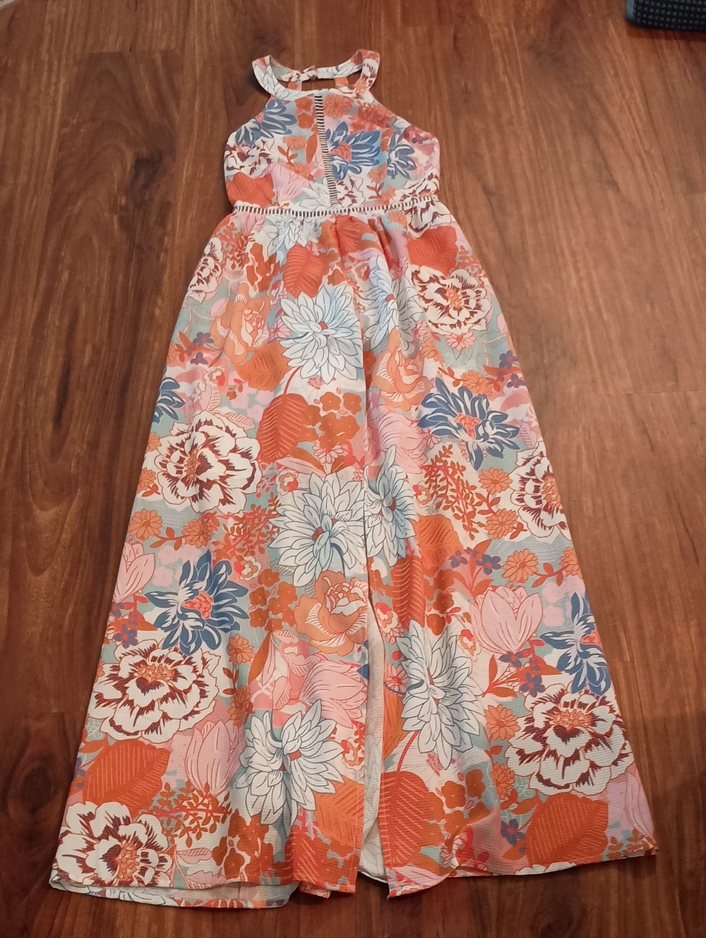 Zesica Halter Maxi Dress in Orange, Blue & White